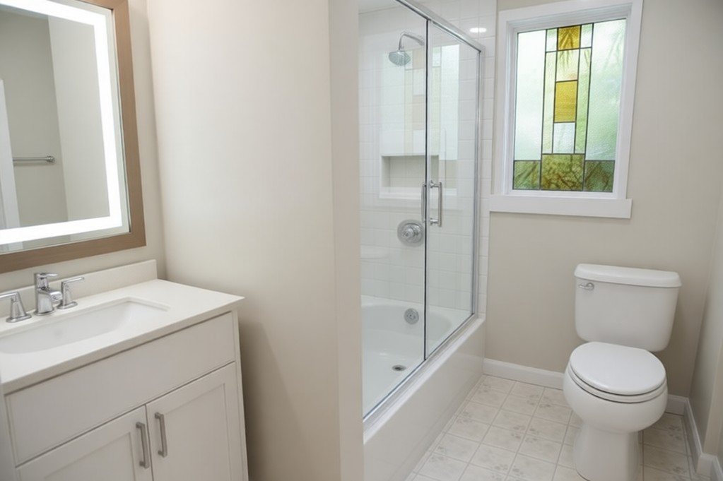 Same bathroom previewed with a new tub and acrylic subway walls