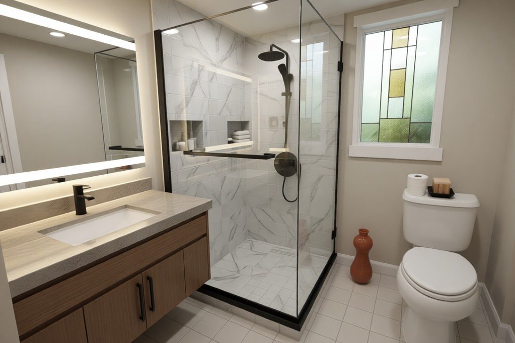 Same bathroom previewed with stone-look walls
