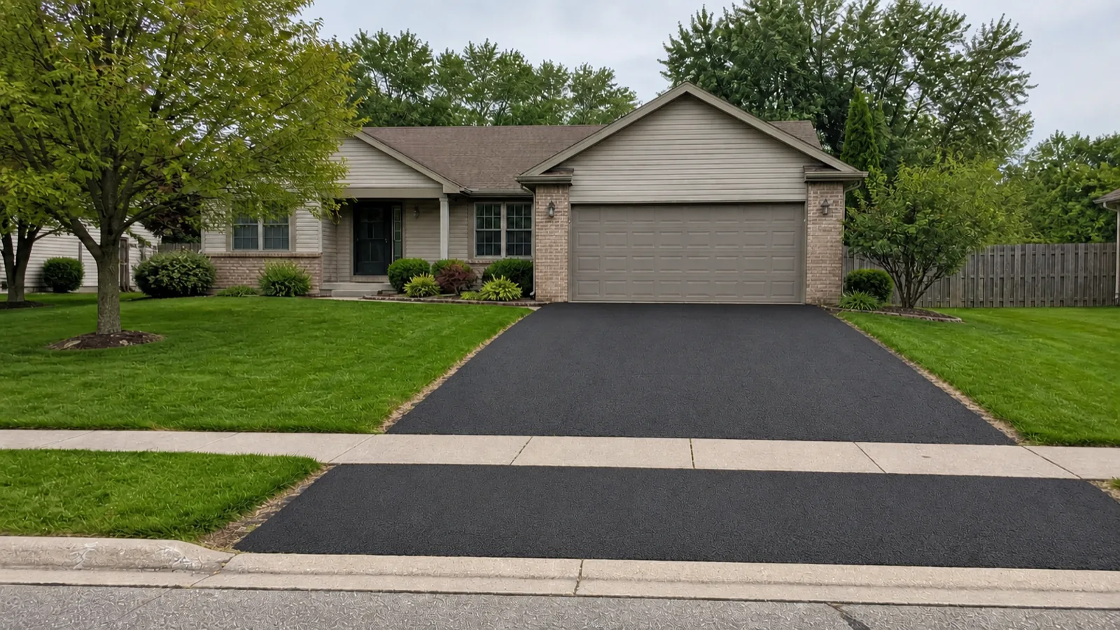 Sample home with a fresh asphalt driveway