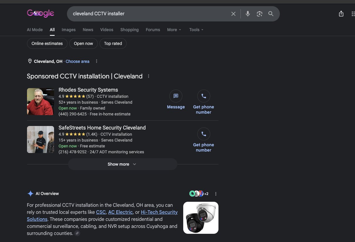 Google AI Overview mention · “cleveland CCTV installer”. Hi-Tech was the third named provider in the captured AI Overview; sponsored installers appeared above.