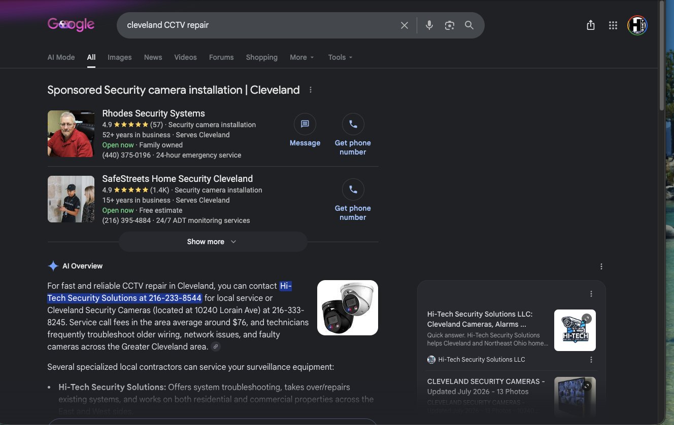 #1 Google AI Overview recommendation · “cleveland CCTV repair”. Hi-Tech was the first named repair provider and the first source card in this captured AI Overview.