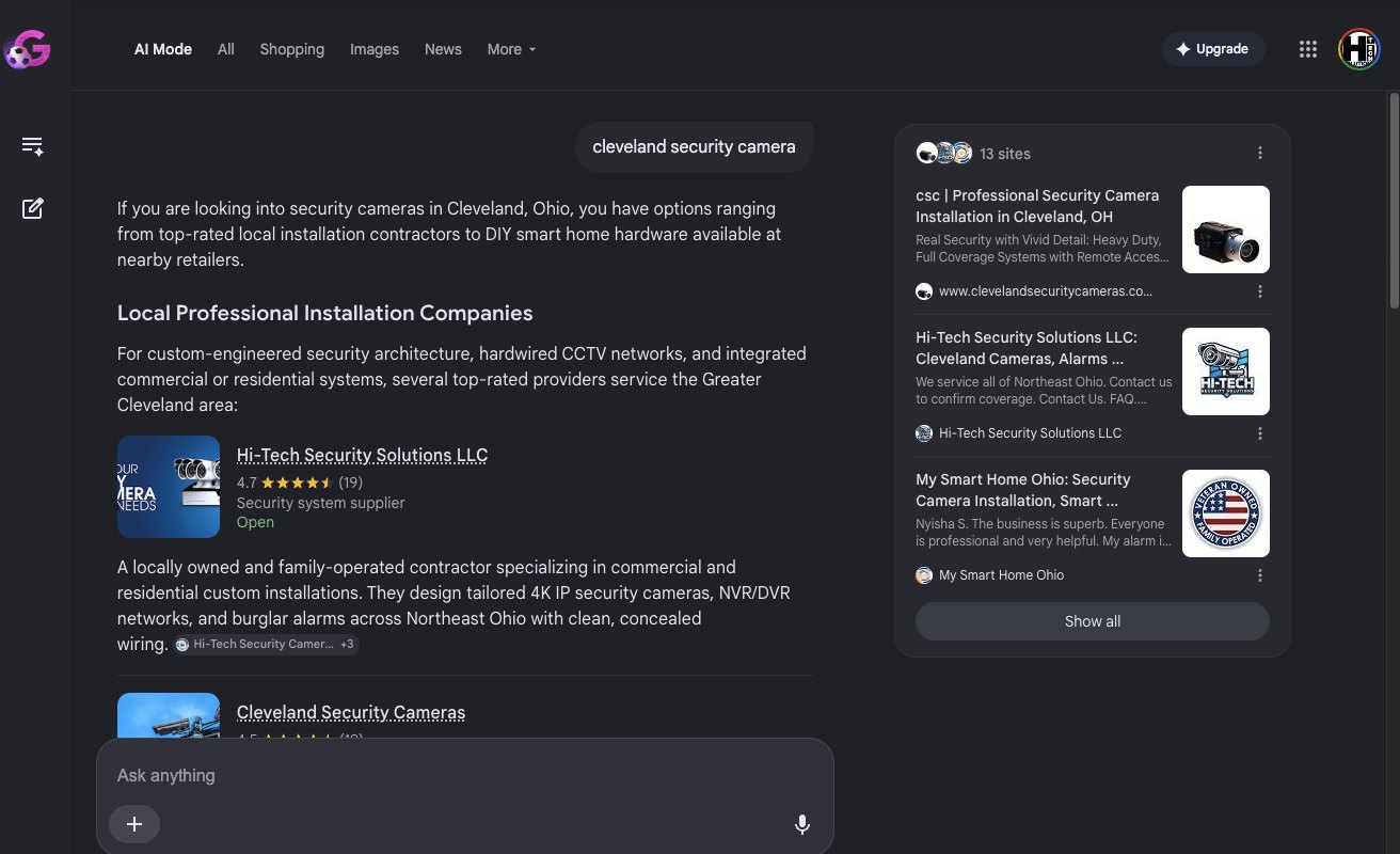 #1 Google AI Mode business · “cleveland security camera”. Hi-Tech was the first business listed in the AI answer and source #2 of 13 in this capture.