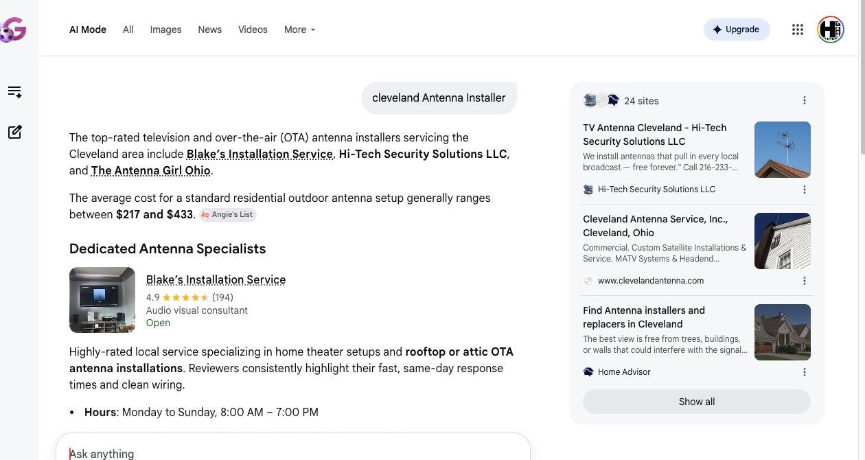 #1 Google AI Mode source · “cleveland Antenna Installer”. Hi-Tech held the top source card and was named second of three providers in the captured answer.