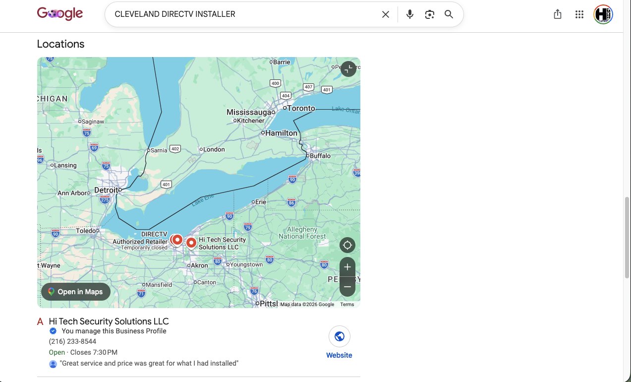 #1 Google Local · “CLEVELAND DIRECTV INSTALLER”. Position A, the first Google Local listing, in this captured signed-in managed-profile result.