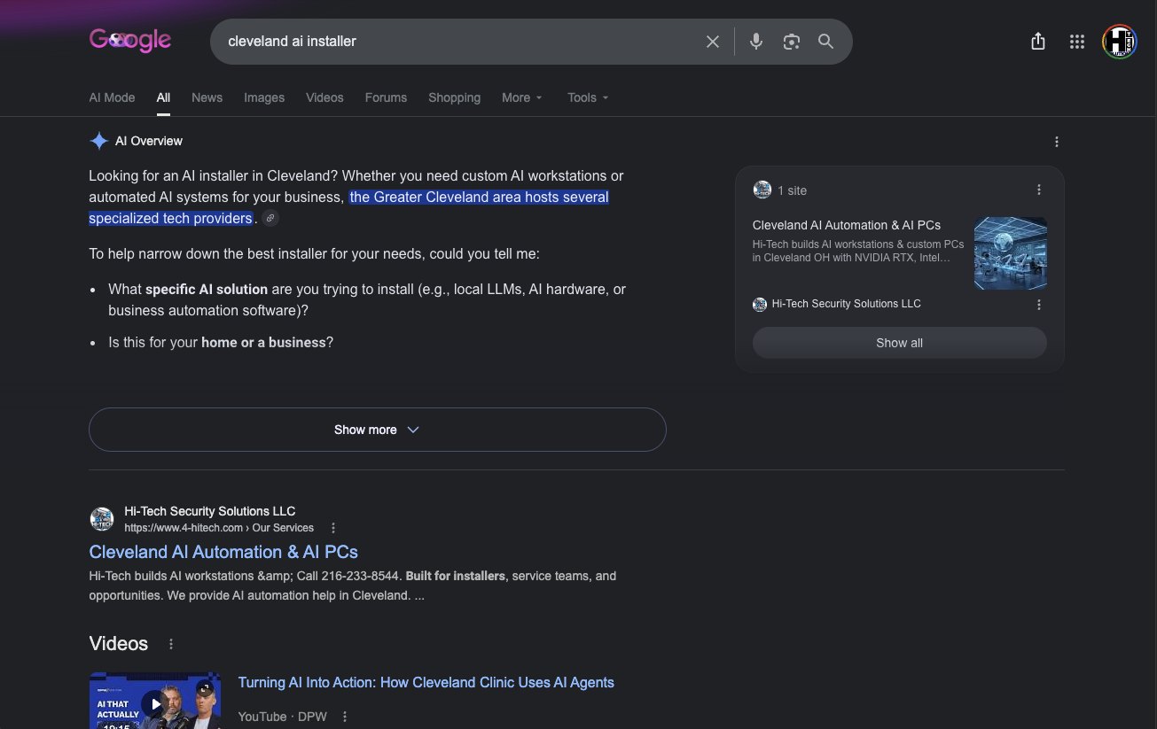 #1 Google organic + sole AI source · “cleveland ai installer”. #1 ordinary organic result and the only source in the captured Google AI Overview.