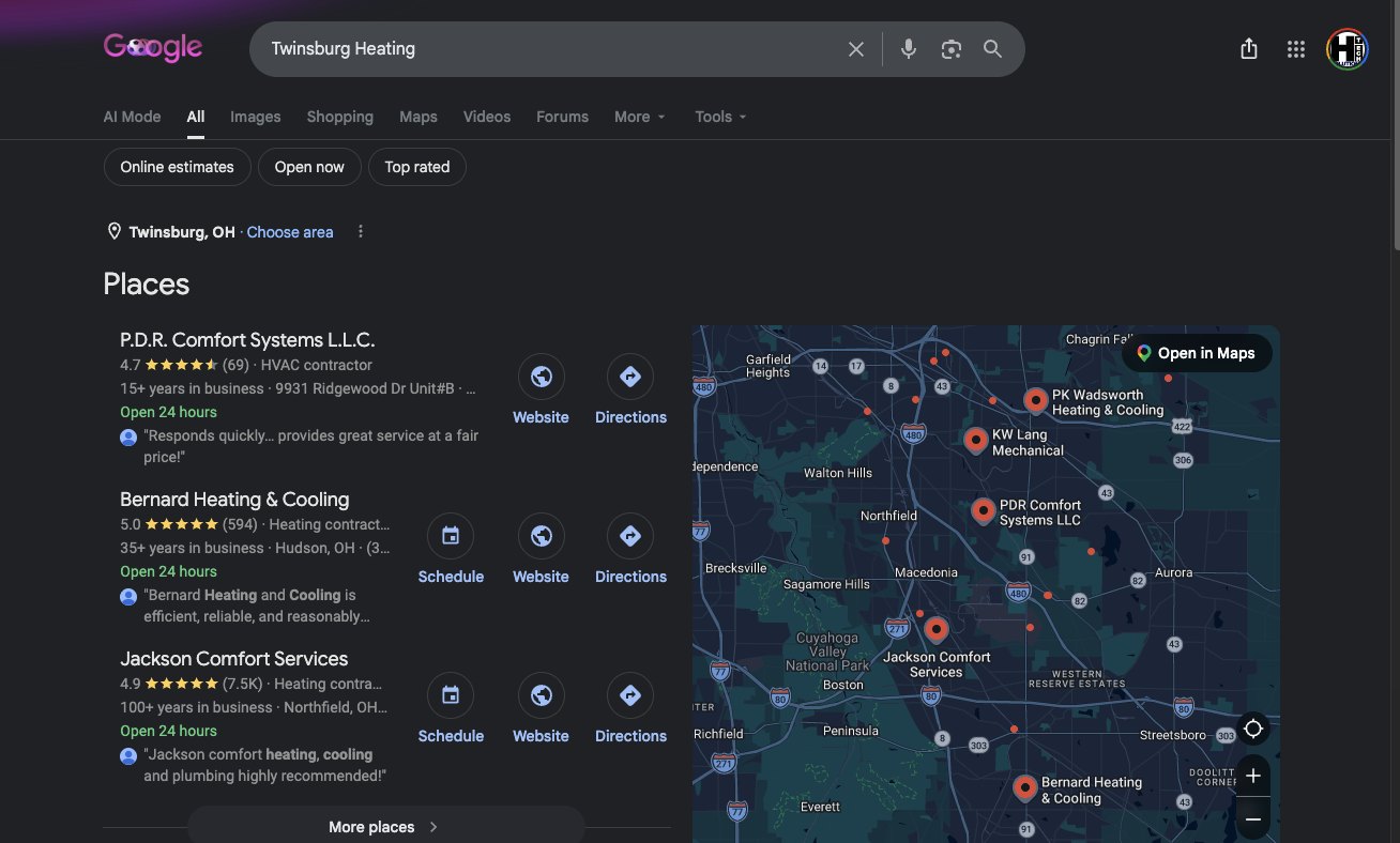 #1 Google Local · “Twinsburg Heating”. PDR ranked first in the local pack, Bernard second, and Jackson third in this capture.