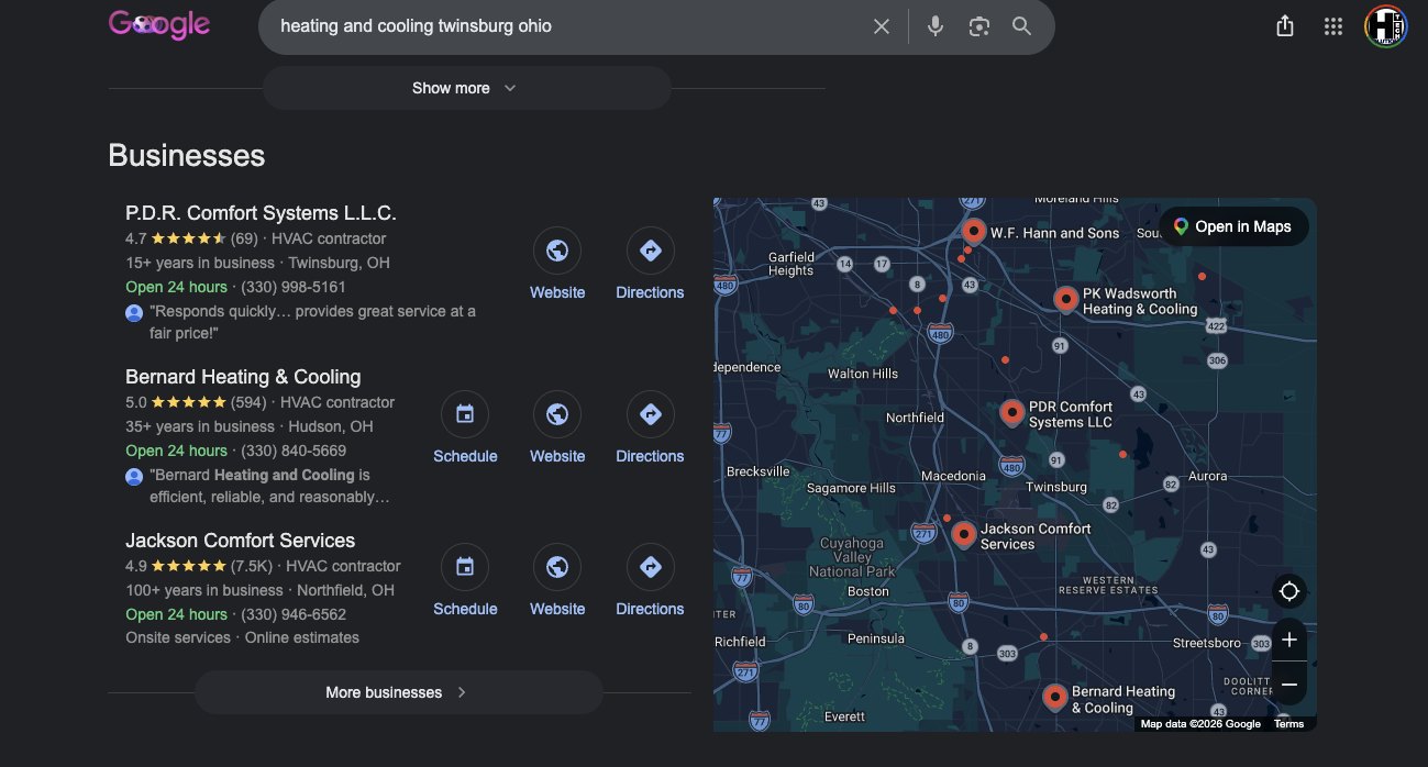 #1 Google Local · “heating and cooling twinsburg ohio”. PDR ranked first in the local pack, Bernard second, and Jackson third in this capture.