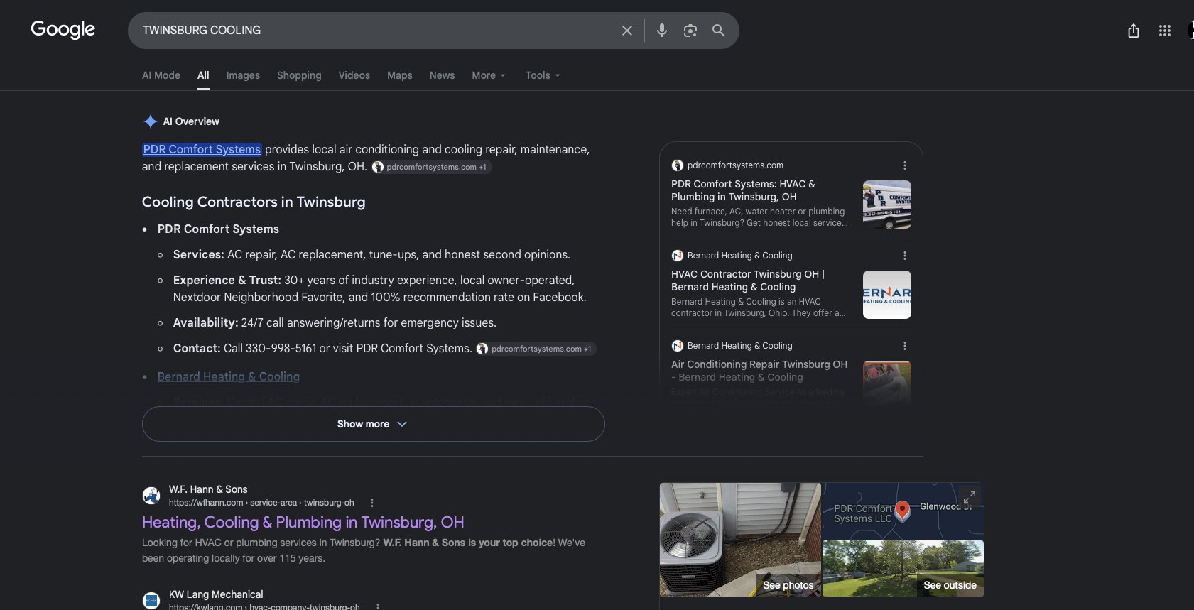 #1 Google AI Overview · “TWINSBURG COOLING”. PDR was the first recommended contractor and the top cited source in this captured AI Overview.