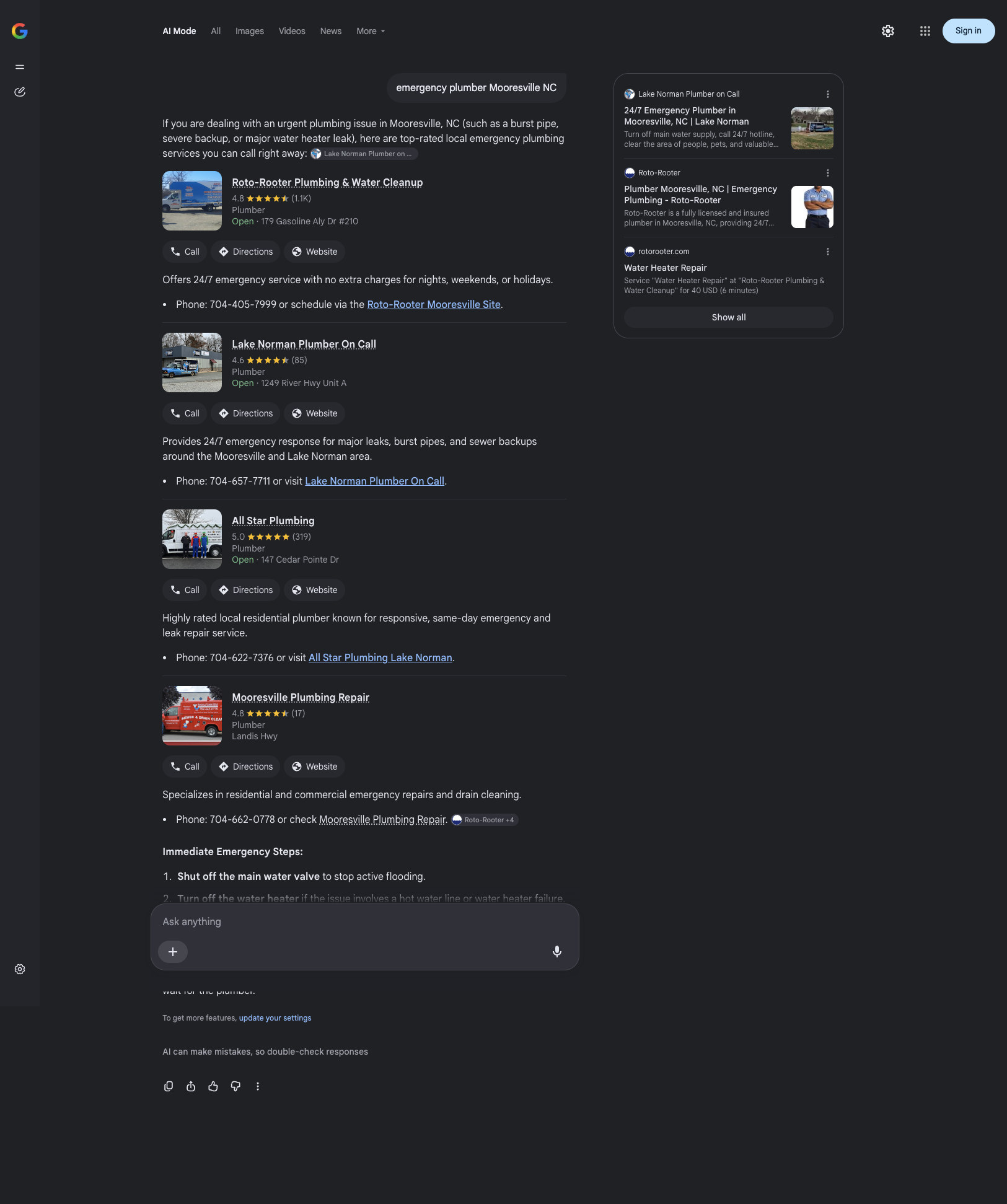 #2 Google AI Mode · “emergency plumber Mooresville NC”. Second of four recommended providers, behind Roto-Rooter and above All Star Plumbing, in this logged-out AI Mode capture.