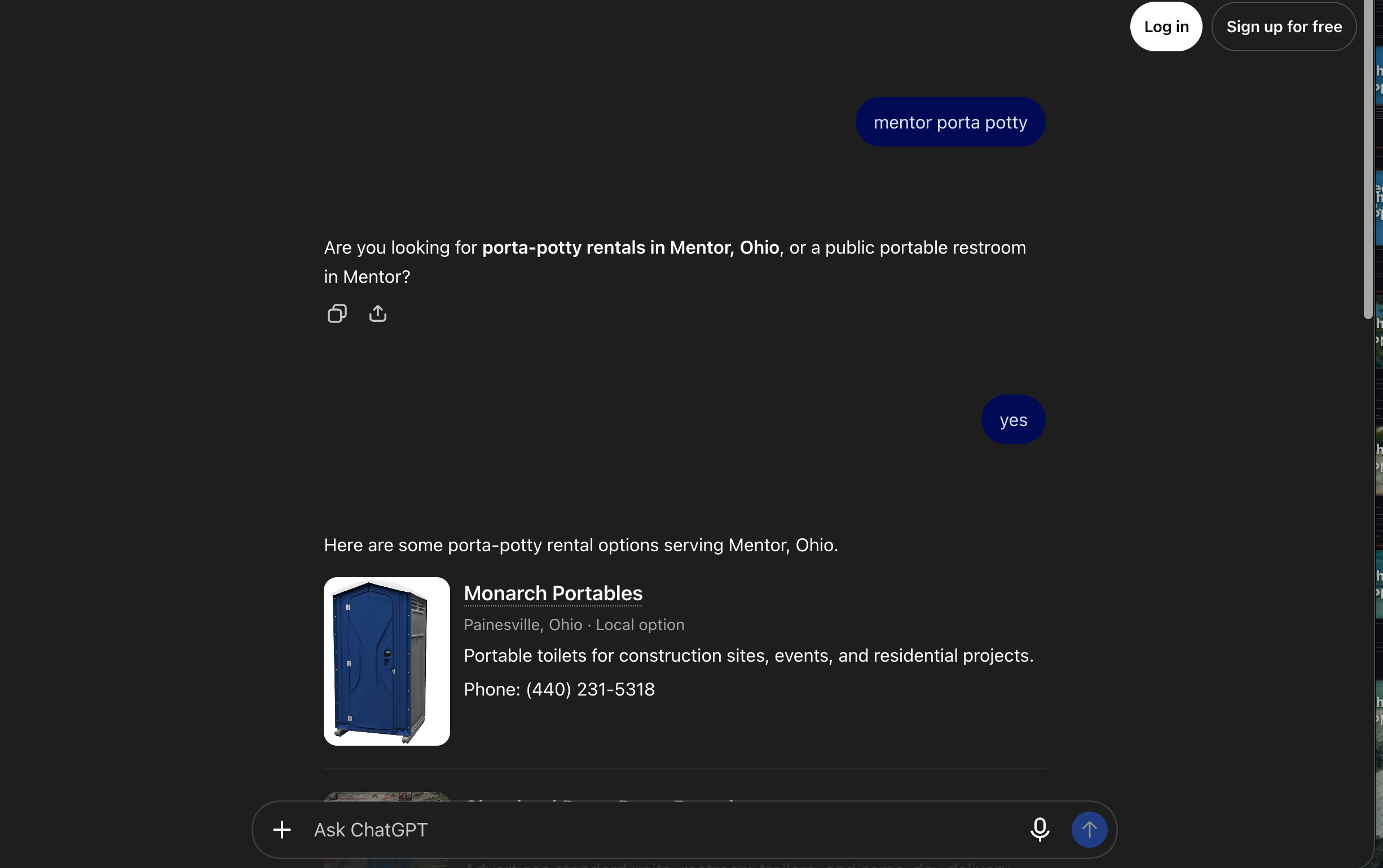 #1 ChatGPT · “Mentor porta potty”. First recommendation in this captured answer, above the next provider.