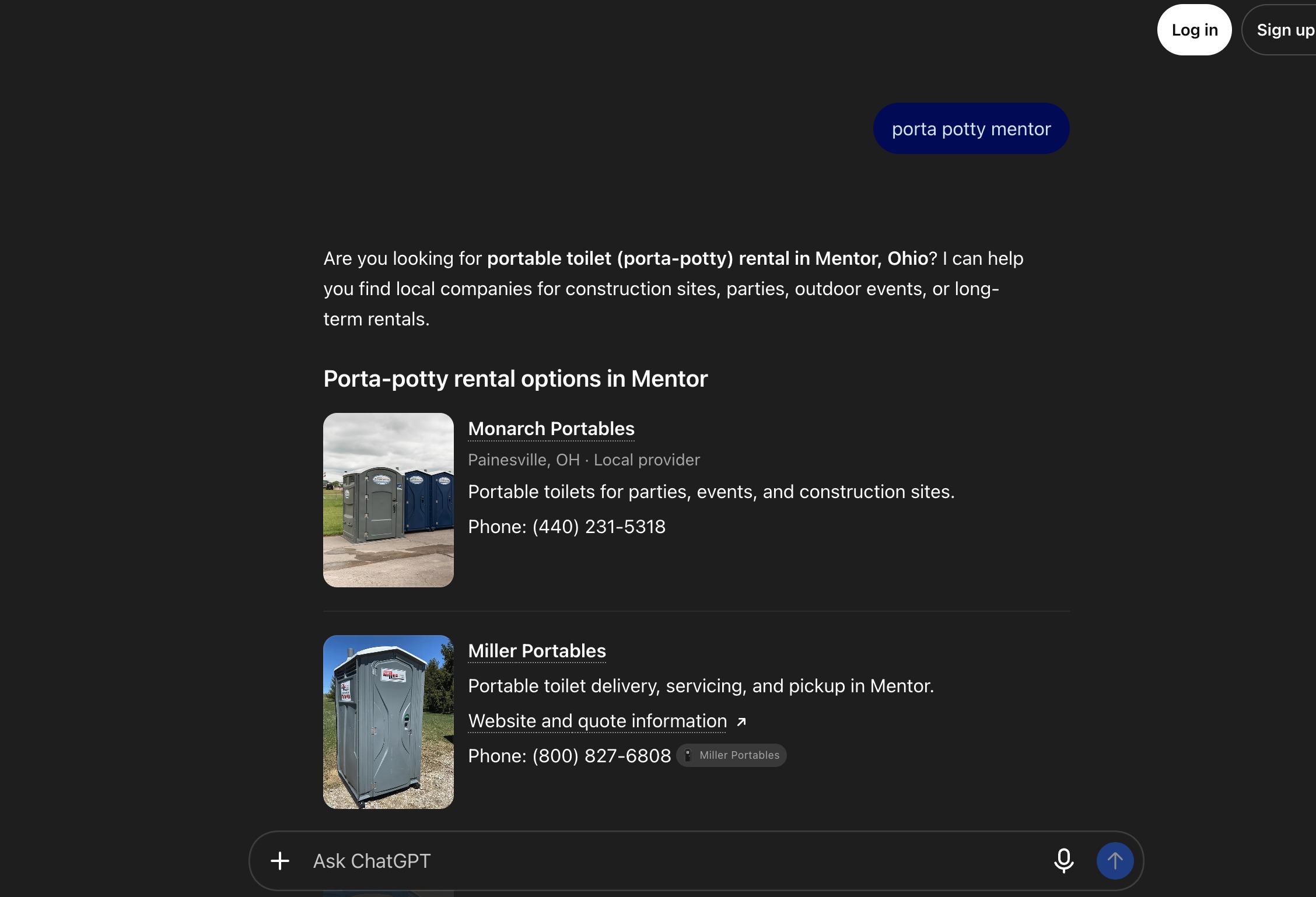 #1 ChatGPT · “Porta potty Mentor”. First recommendation again in this separate reverse-order query capture.