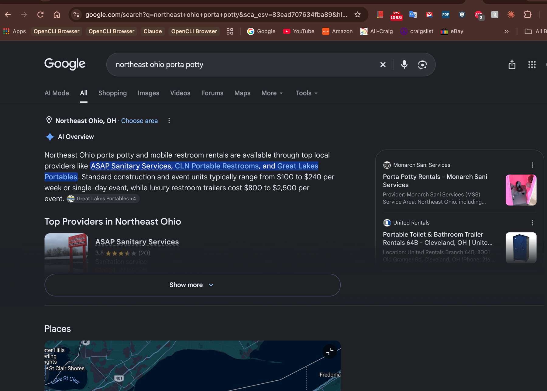 #1 Google AI Source · “Northeast Ohio porta potty”. Top AI Overview source card, above United Rentals, in this captured result.