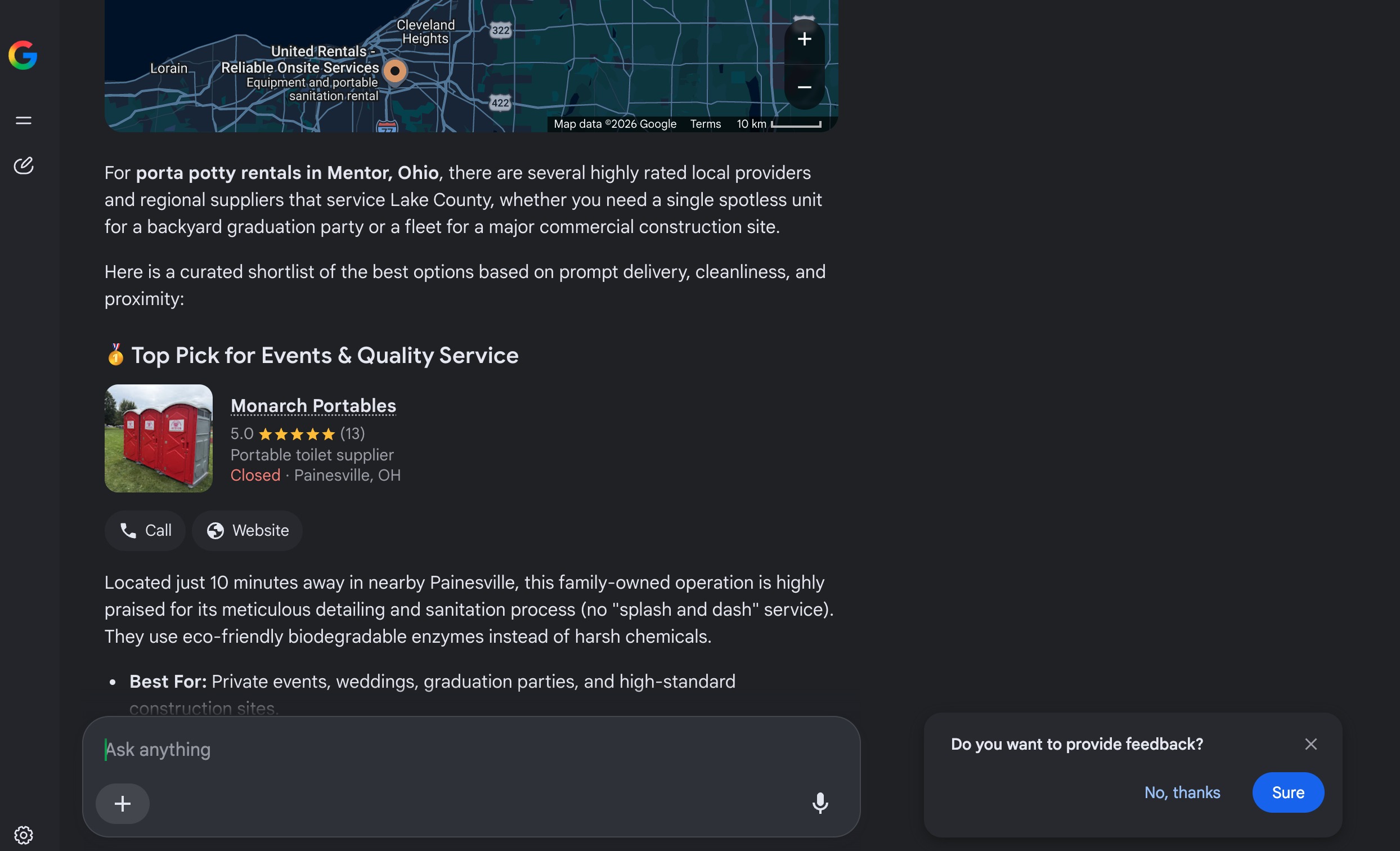 Top Pick Google AI Mode · Mentor-area rentals. Visible Top Pick in this captured Google AI Mode answer about three weeks after the rebuild.