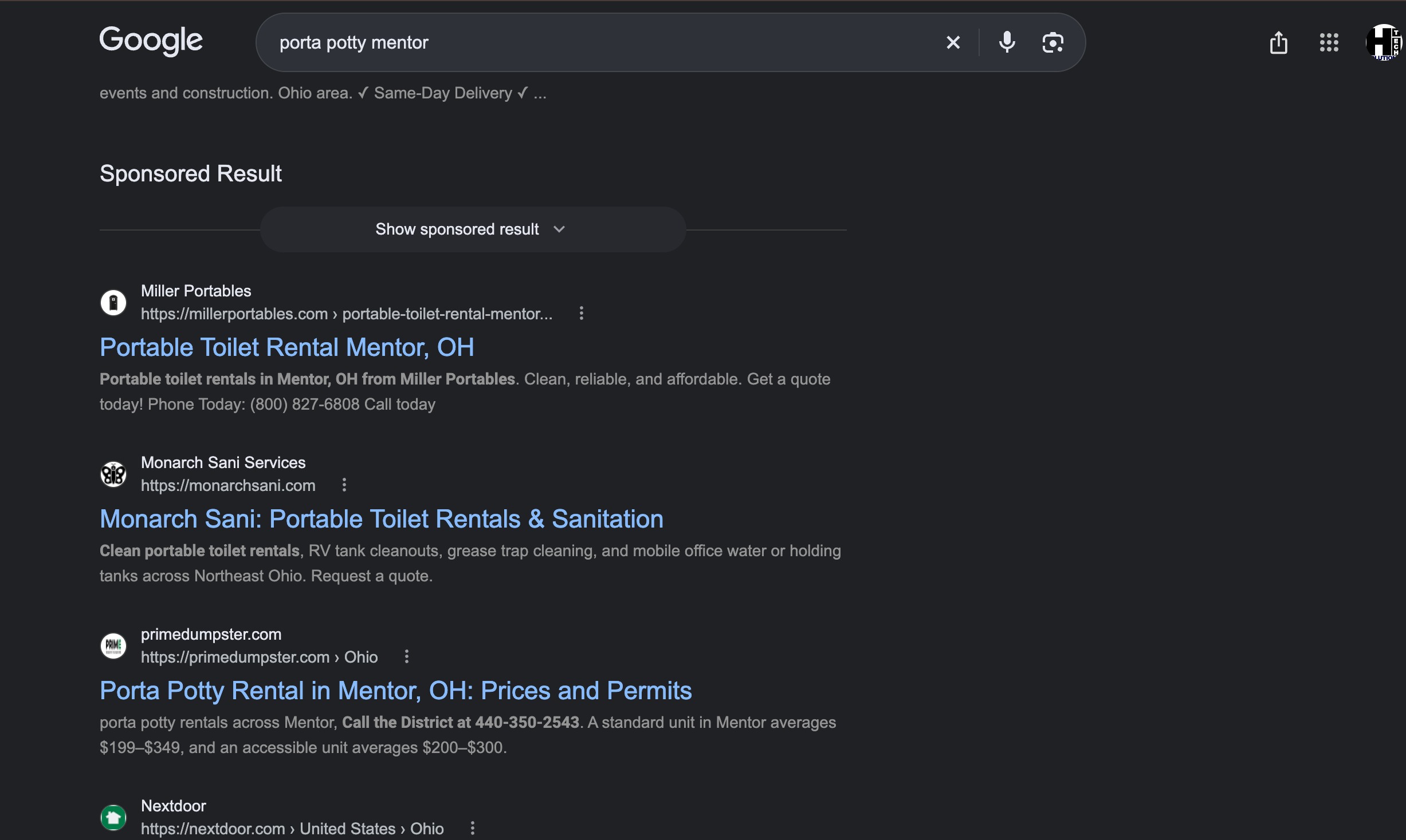 #2 Google organic · “porta potty mentor”. Second visible ordinary organic result in this captured Google Search page.