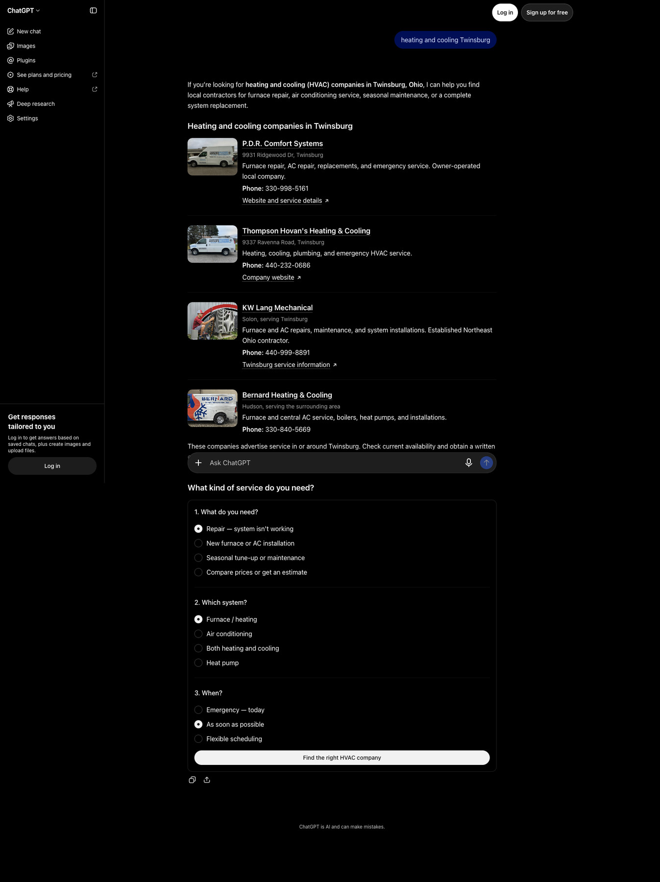 #1 ChatGPT · “heating and cooling Twinsburg”. PDR was first and Thompson Hovan’s was second in this captured answer.