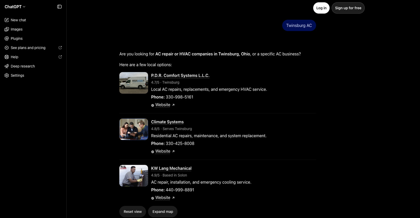 #1 ChatGPT · “Twinsburg AC”. PDR was first and Climate Systems was second in this captured ChatGPT answer.