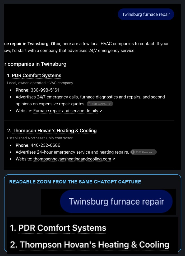 #1 ChatGPT · “Twinsburg furnace repair”. PDR was first and Thompson Hovan’s was second in this captured answer.