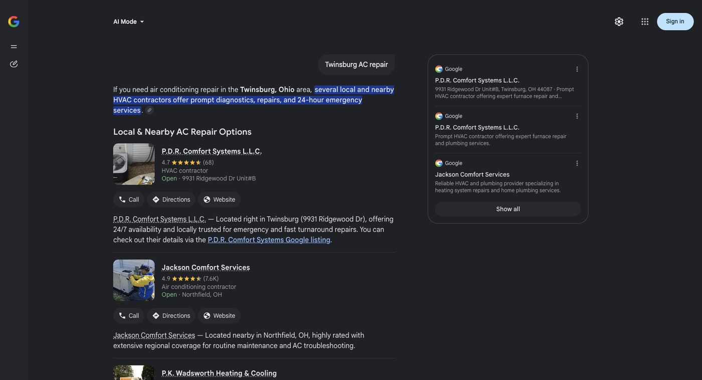 #1 Google AI Mode · “Twinsburg AC repair”. PDR was first and Jackson Comfort Services was second in this logged-out Google AI Mode capture.