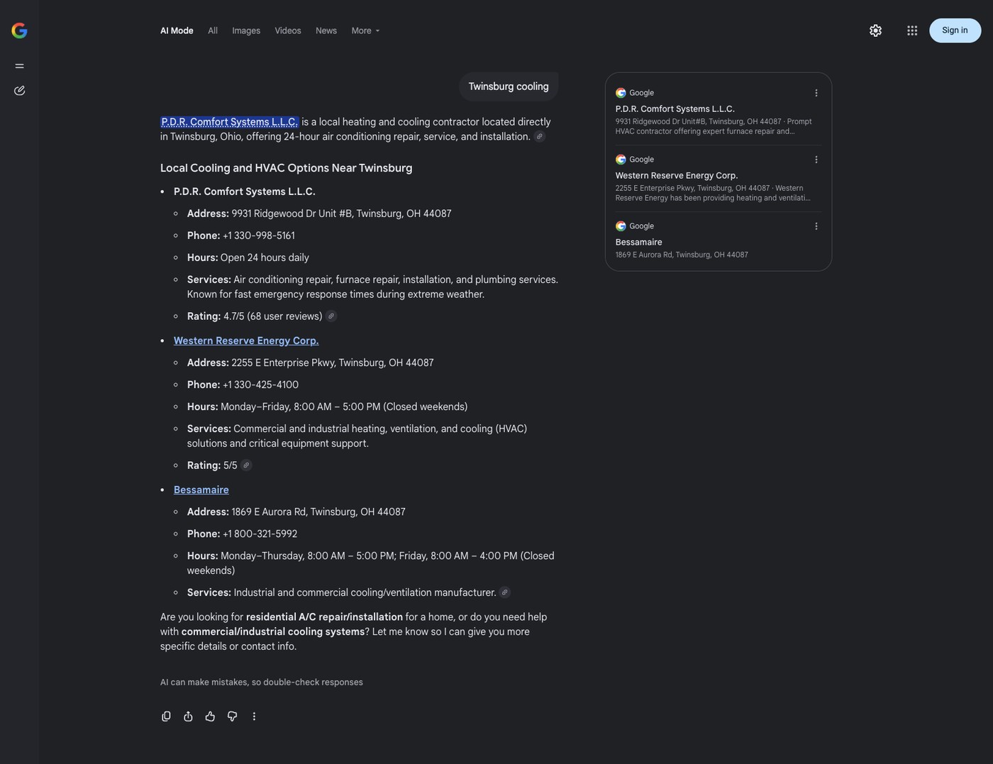 #1 Google AI Mode · “Twinsburg cooling”. PDR was first and Western Reserve Energy was second in this logged-out Google AI Mode capture.