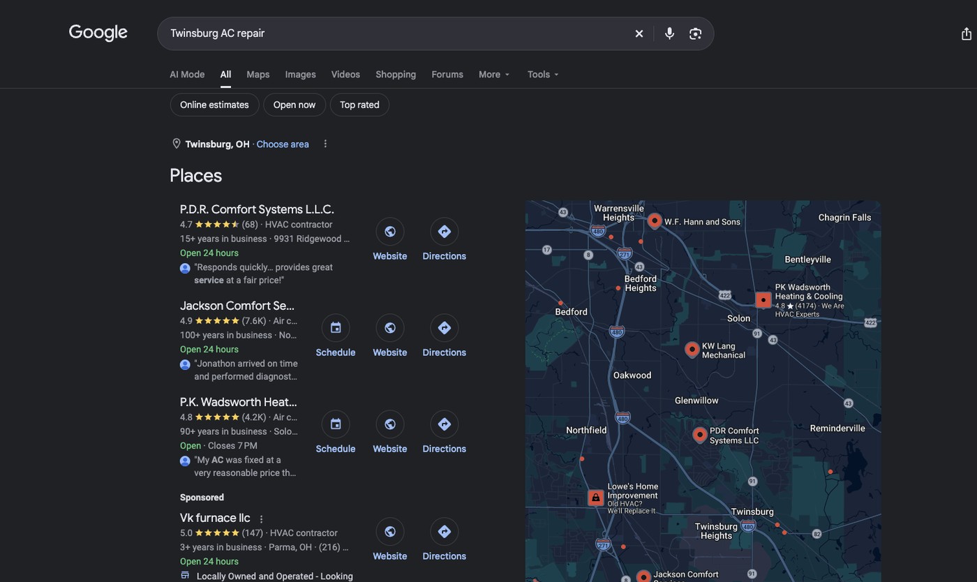 #1 Google Local · “Twinsburg AC repair”. PDR was the first Google Local/Places result, with no sponsored listing above it, in this capture.