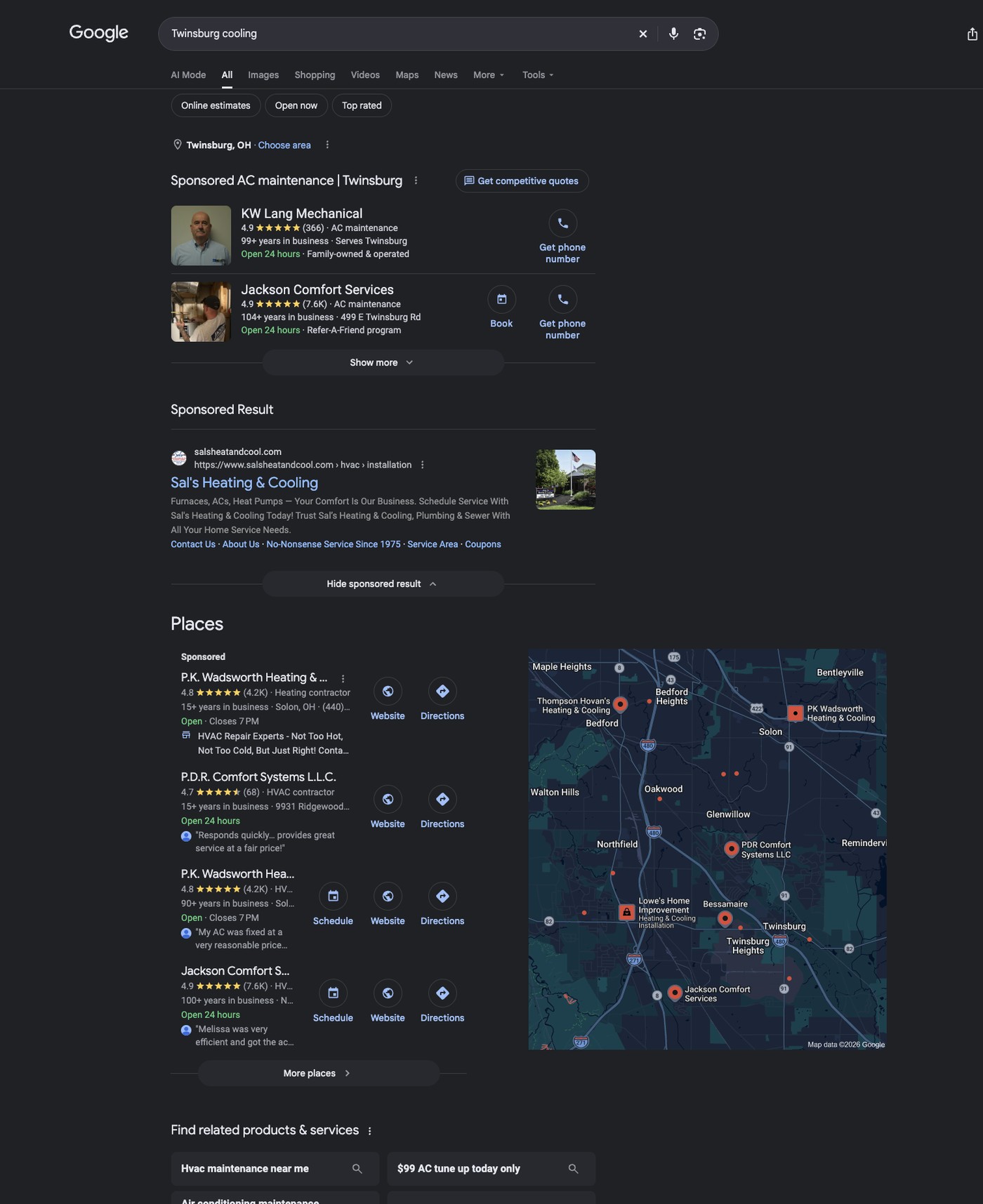 #1 non-sponsored Google Local · “Twinsburg cooling”. PDR was the first unpaid Local/Places result; a sponsored P.K. Wadsworth listing appeared above it.