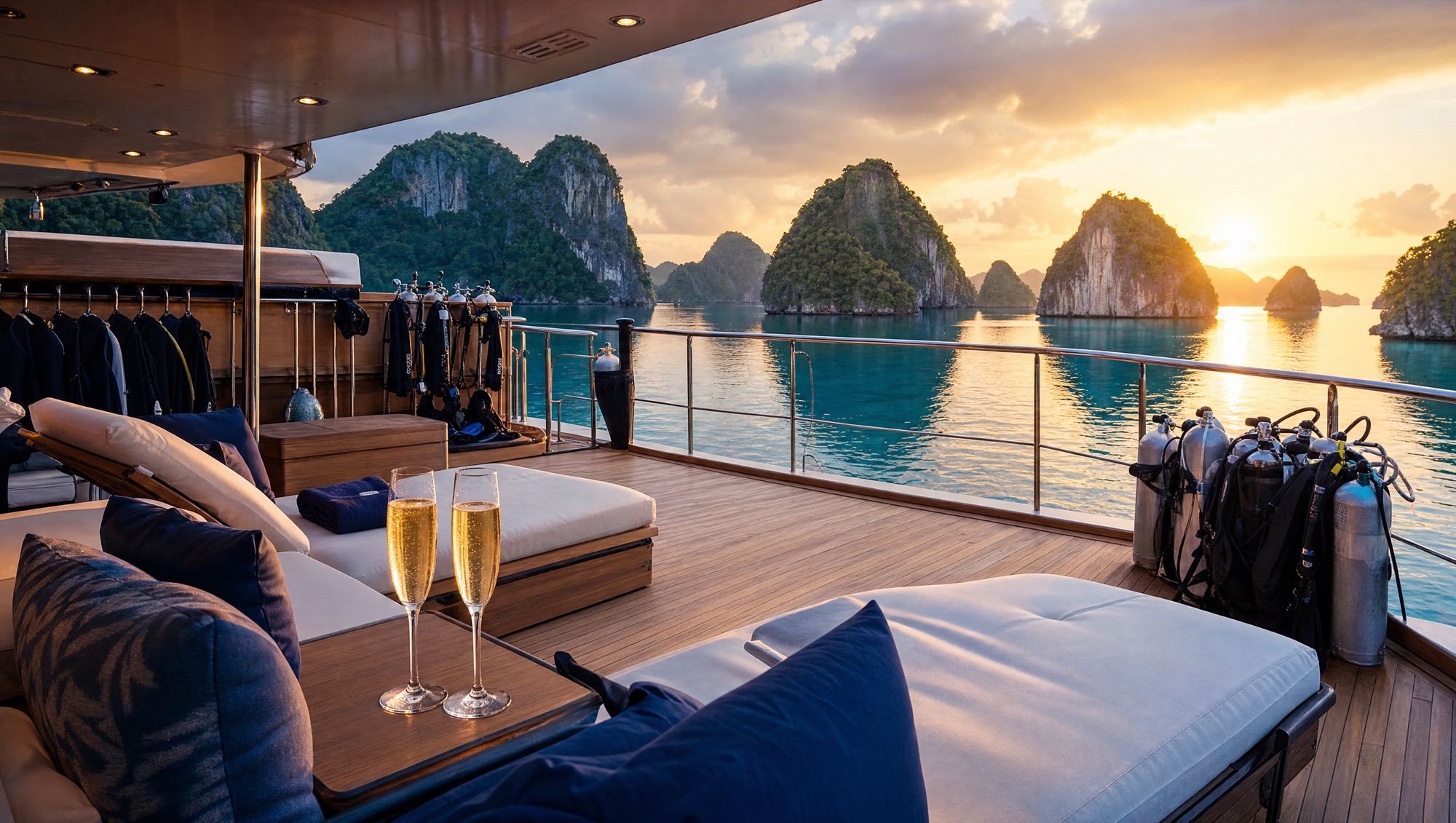 Sunset on a luxury liveaboard sundeck among limestone islands