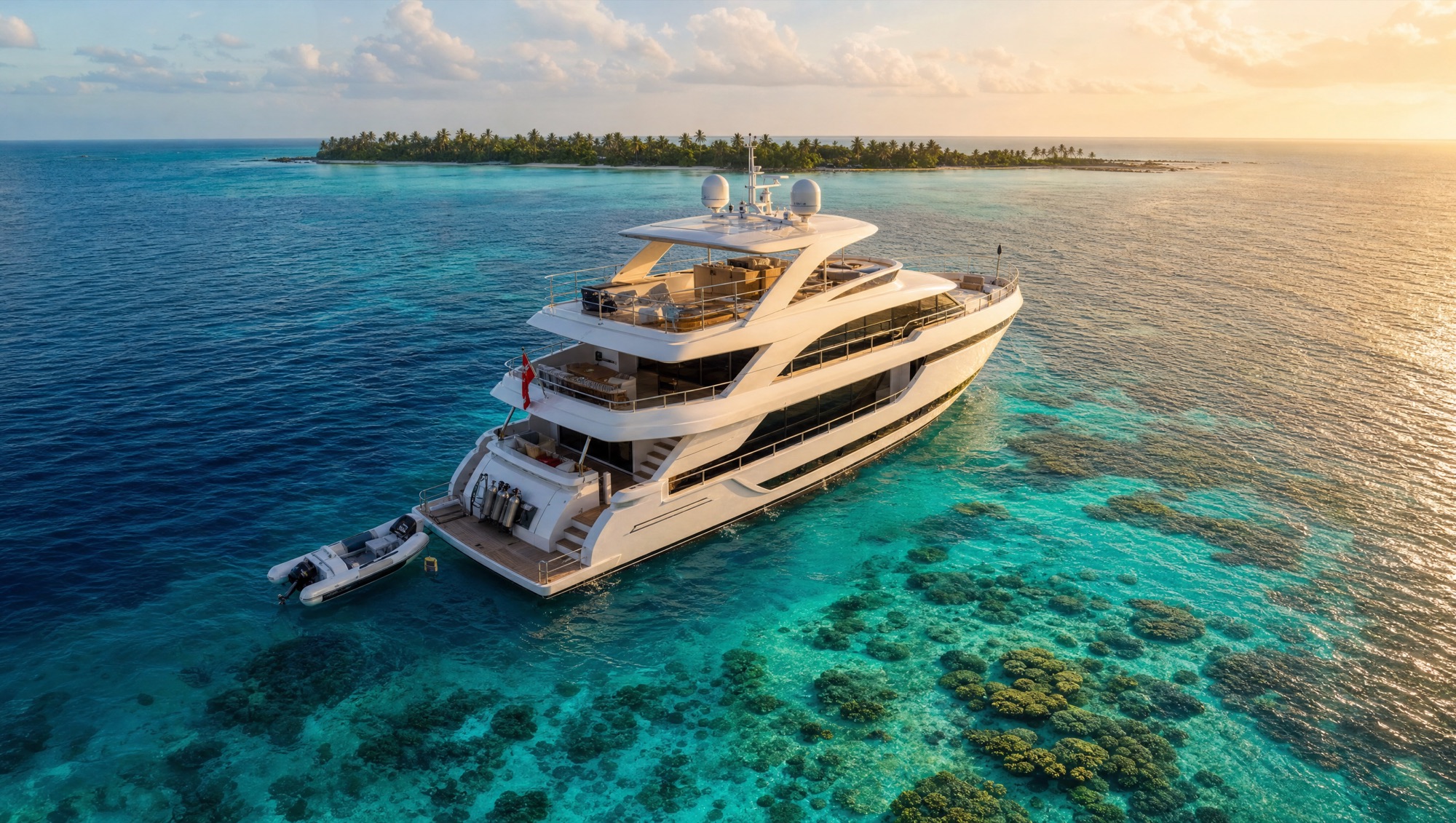 A private superyacht anchored above a turquoise coral reef lagoon at golden hour