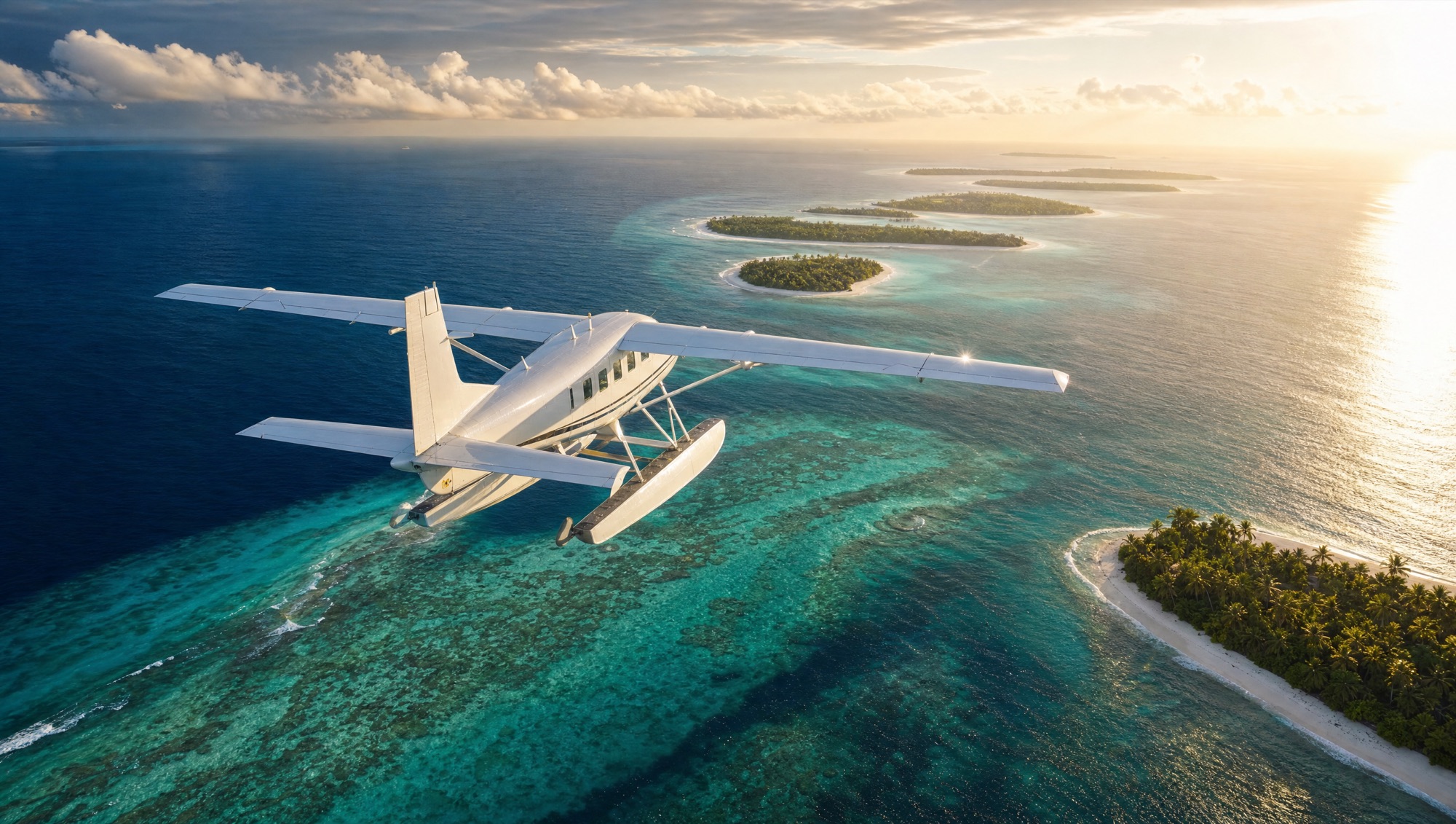 Private seaplane flying over turquoise atolls