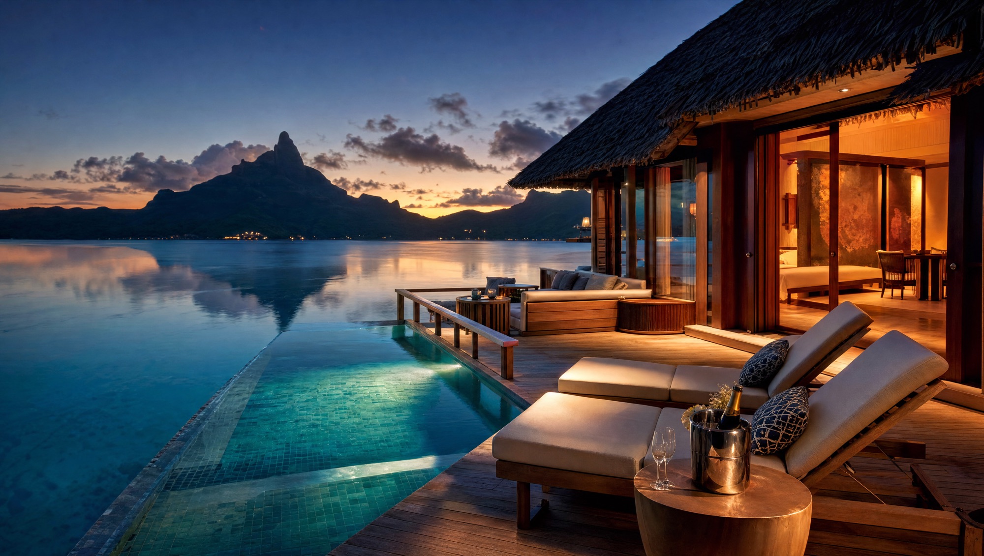 Overwater villa with private plunge pool at twilight